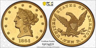 1864 $10 PR63+ DCAM