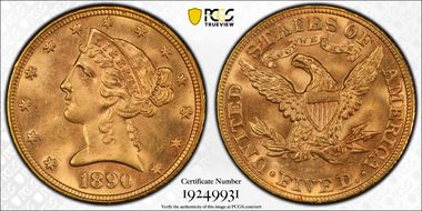 1890 $5 MS64+