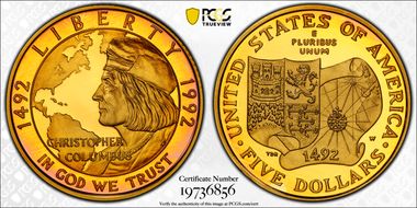 1992-W $5 Christopher Columbus PR70DCAM