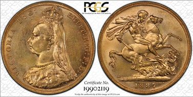 1887-M Sov S-3867A DISH M7 1st Obv Angled J MS62