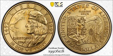1992-W $5 Christopher Columbus MS70
