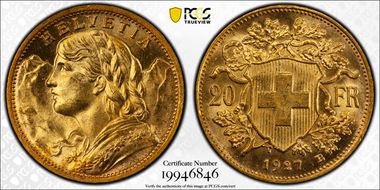 1927 B 20 Fr KM-35.1  Au MS65