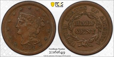 1857 1/2C AU58BN