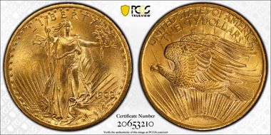 1908 $20 No Motto MS64