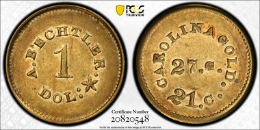 (1842-50) G$1 A. Bechtler 27 Grains, 21 Carat PE AU53