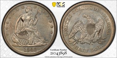 1842 50C Medium Date AU58