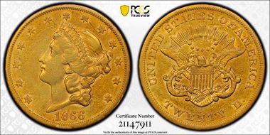 1866-S $20 No Motto XF45