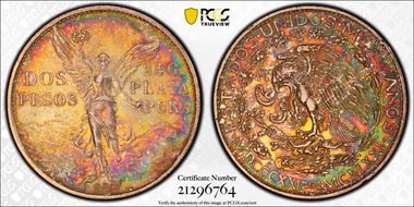 1921-Mo 2 Peso Centennial, 9 Tail F. KM-462  Ag AU53