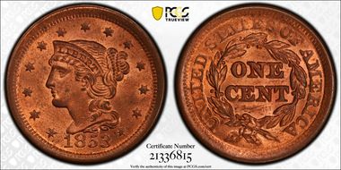 1853 1C Newcomb 13 MS64RD