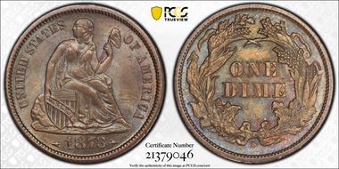 1873-S 10C Arrows MS65