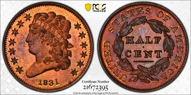 1831  1/2C 1st Restrike, Rev of 1836 PR65+ RB