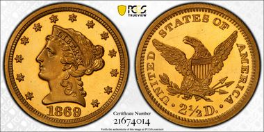 1869 $2.50 PR65DCAM