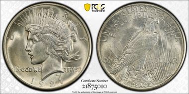 1921 $1 High Relief, Peace MS64