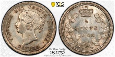 1858 5C Large Date RP1 MS63