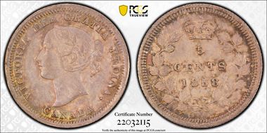 1858 5C Large Date RP3 AU58