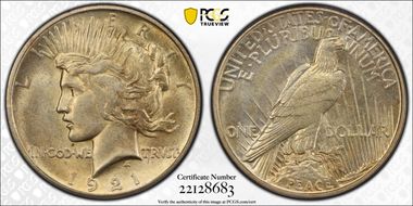 1921 $1 High Relief, Peace AU53