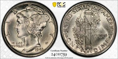 1943-S 10C Trumpet Tail MM FS-511 MS65FB