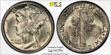 1943-S 10C Trumpet Tail MM FS-511 MS65FB