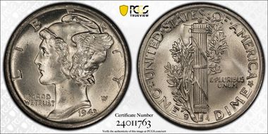 1943-S 10C Trumpet Tail MM FS-511 MS65FB