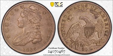 1836 50C Overton 112, Bar Dot AU50