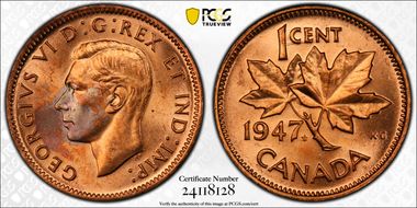 1947 1C Maple Leaf Blunt 7 MS64RD
