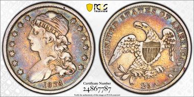 1838 25C Capped Bust VF25