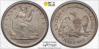 1864-S 50C WB-5, Small Thin S AU50