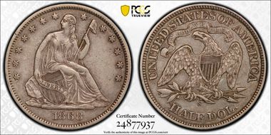 1868-S 50C WB-3 High Date Very Small S XF45