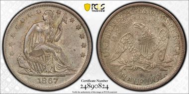 1867-S 50C WB-7 Very Small S AU55