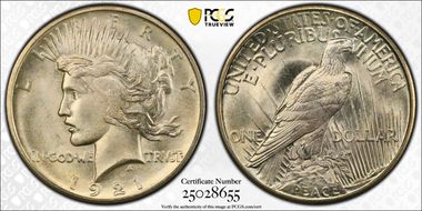1921 $1 High Relief, Peace MS65