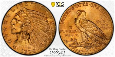 1908 $5 Indian MS66+