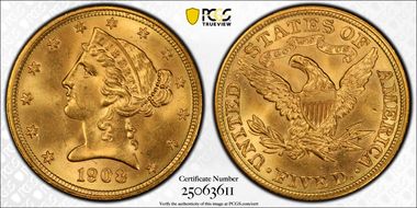 1908 $5 Liberty MS65
