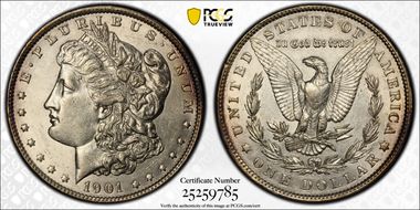 1901 $1 Doubled Die Reverse AU58