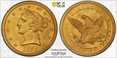 1855 $5 MS64+