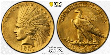 1907 $10 Indian, Wire Rim MS65