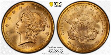 1857-S $20 MS65
