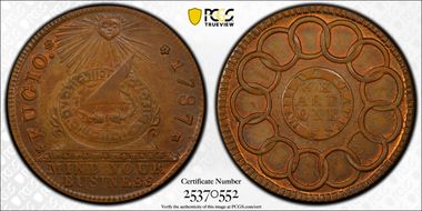 '1787' Fugio 1C New Haven Restrike Newman 104-FF, Brass MS64