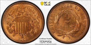 1864 2C Large Motto MS66RD