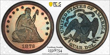 1873 25C No Arrows PR67+ CAM