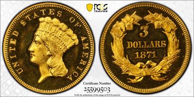 1871 $3 PR65CAM