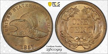 1857 1C Obverse of 1856, FS-401b MS65