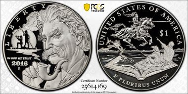 2016-P $1 Mark Twain First Strike Mark Twain Label PR70DCAM