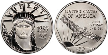 1997 $50 Statue of Liberty Mint Engravers Series Mercanti Flag MS70