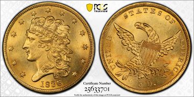 1836 $5 MS64
