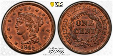 1845 1C Newcomb 8 MS64RB