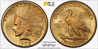 1908 $10 Motto MS64