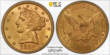 1858 $5 MS63