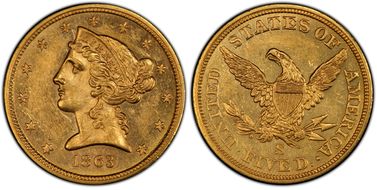 1863-S $5 MS61