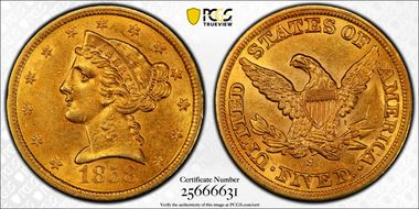 1858-S $5 AU58