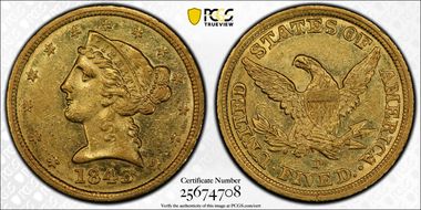 1843-D $5 Medium D MS61